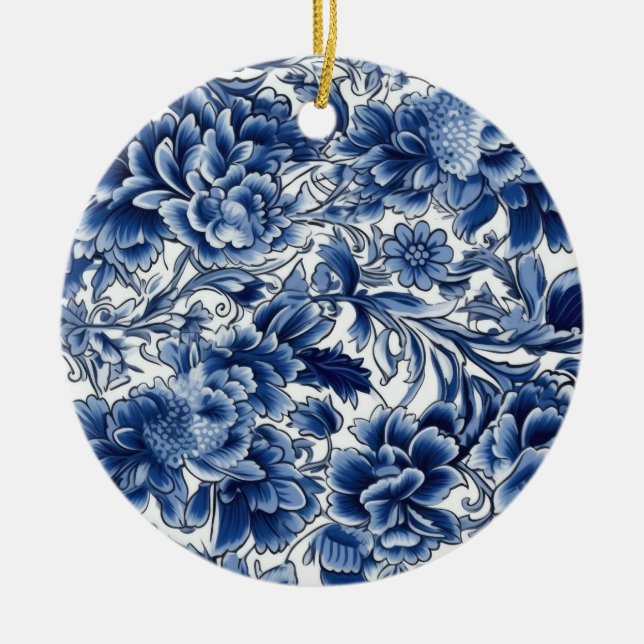 Indigo Blue Flowers Ceramic Ornament (Front)