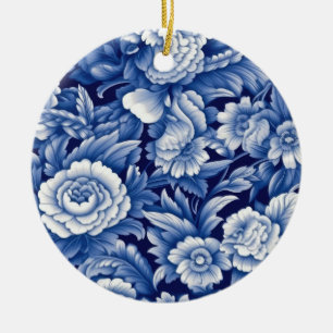 Indigo Blue Flowers Ceramic Ornament