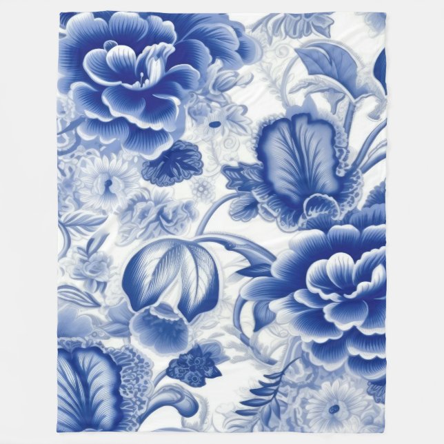 Indigo Blue Flowers Fleece Blanket (Front)