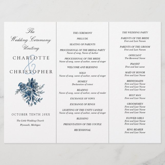 Indigo blue flowers Tri-Fold wedding program (Front)