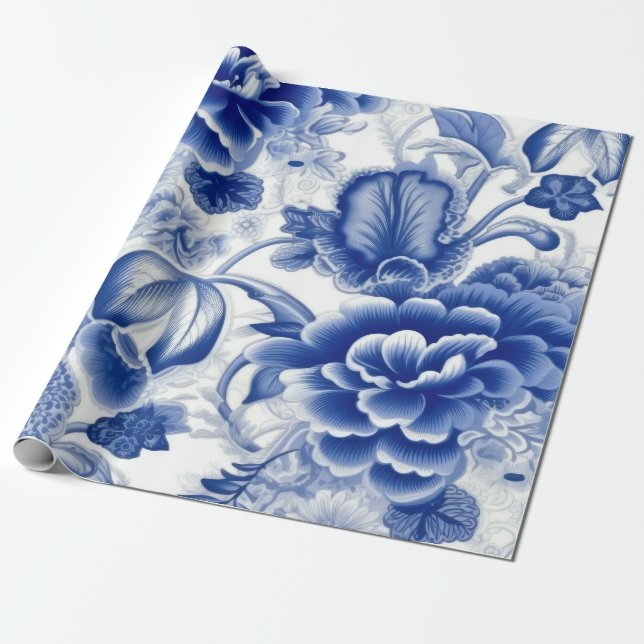 Indigo Blue Flowers Wrapping Paper (Unrolled)