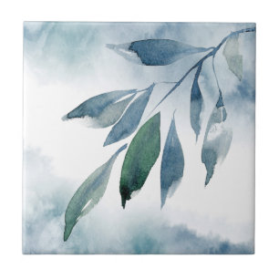 Indigo Blue Green Abstract Leaves Tile