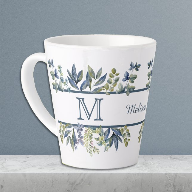 Indigo Blue Leaves Border Monogram Latte Mug (Creator Uploaded)