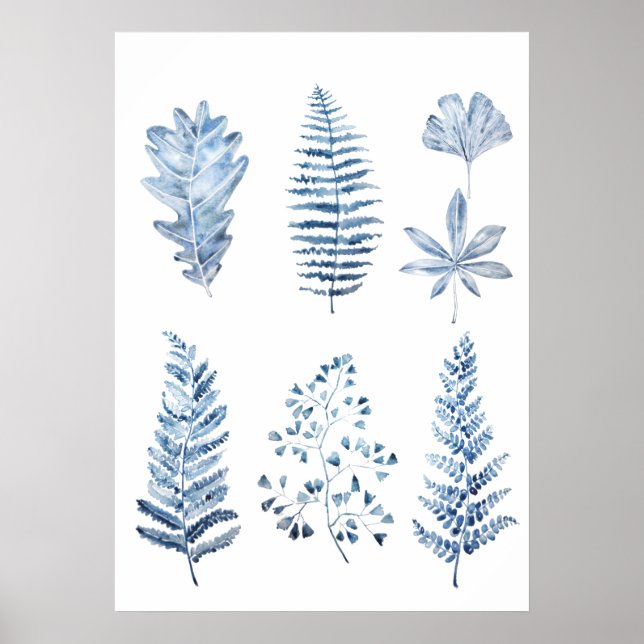 indigo blue  leaves collection watercolor  poster (Front)
