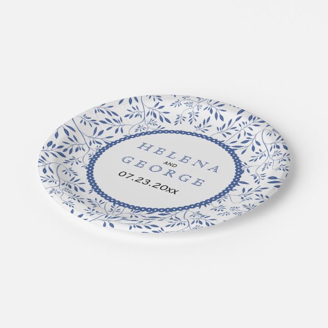 Indigo blue leaves pattern modern floral wedding paper plate (Angled)