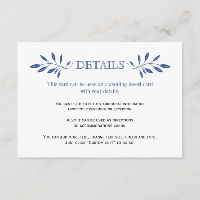 Indigo blue leaves pattern wedding insert card (Front)