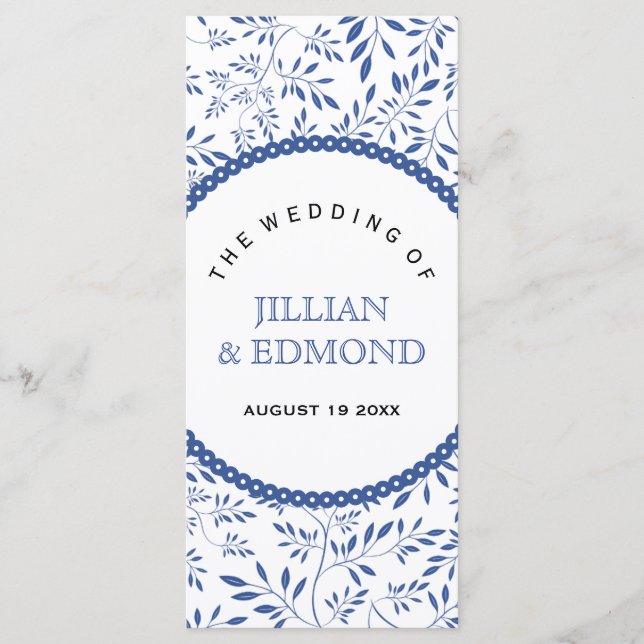 Indigo blue leaves pattern wedding program (Front)