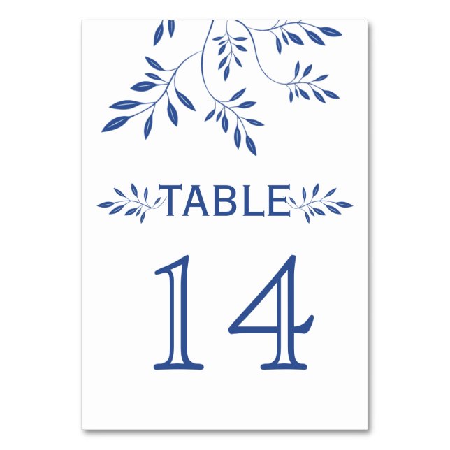 Indigo blue leaves wedding table number card (Front)