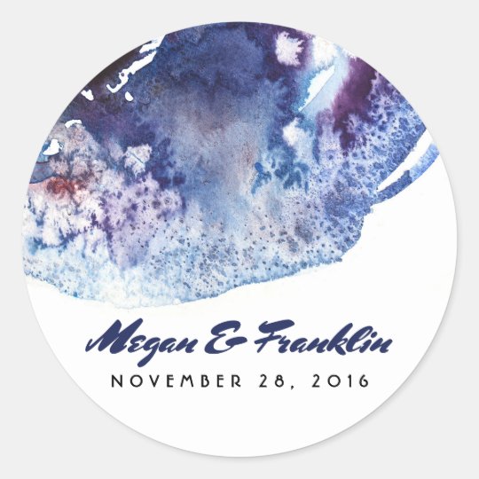 Indigo Blue Modern Watercolor Crystals Wedding Classic Round Sticker