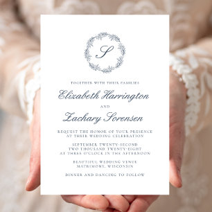Indigo Blue Monogram Wreath Script Wedding Invitation