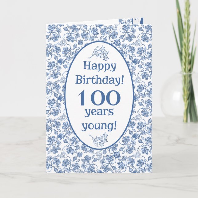 Indigo Blue on White Floral 100th Birthday Card (Front)
