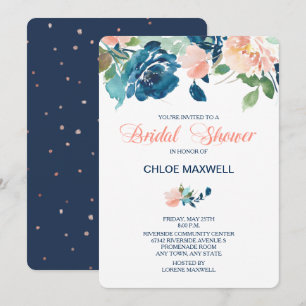 Indigo Blue Peach Roses Invitation à la douche nup