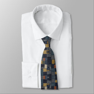 Indigo Blue Sashiko & Kasuri Patchwork Tie