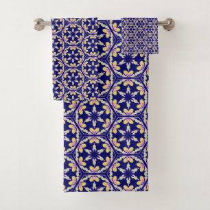 Indigo Blue Spanish Mediterranean Tile Pattern Bath Towel Set