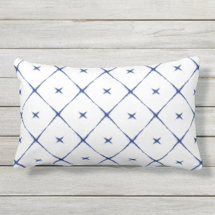 Indigo Blue Tie Dye Look Square Grid X Shapes Lumbar Pillow