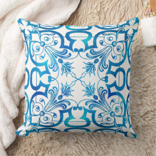 Indigo blue tile pattern throw pillow