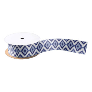 Indigo Blue Tribal Ikat Diamond White Chevron Satin Ribbon