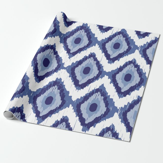 Indigo Blue Tribal Ikat Diamond White Chevron Wrapping Paper (Unrolled)