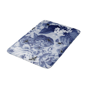Indigo Blue Vintage Botanical & Bugs Floral Toile Bath Mat