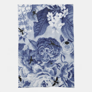 Indigo Blue Vintage Botanical & Bugs Floral Toile Kitchen Towel