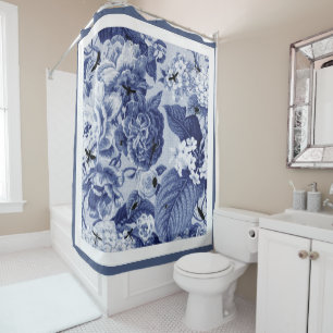 Indigo Blue Vintage Botanical Floral Toile & Bees