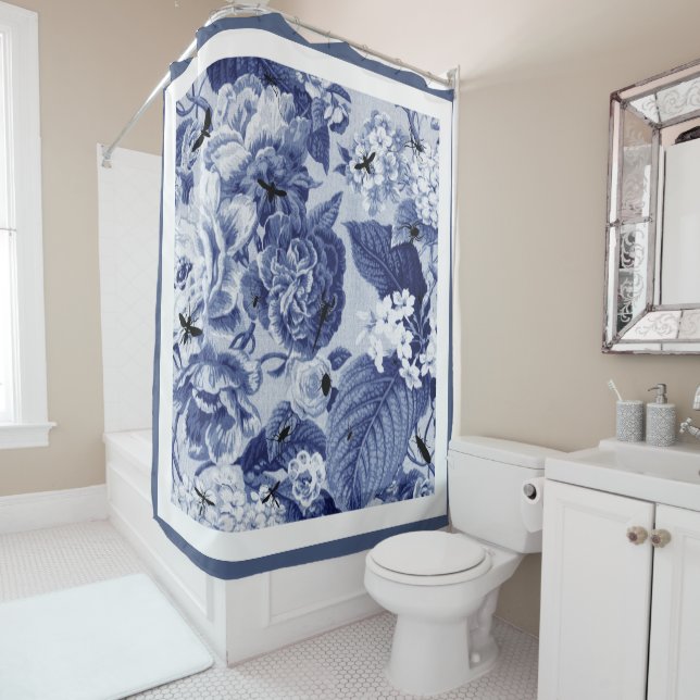 Indigo Blue Vintage Botanical Floral Toile & Bees (In Situ)