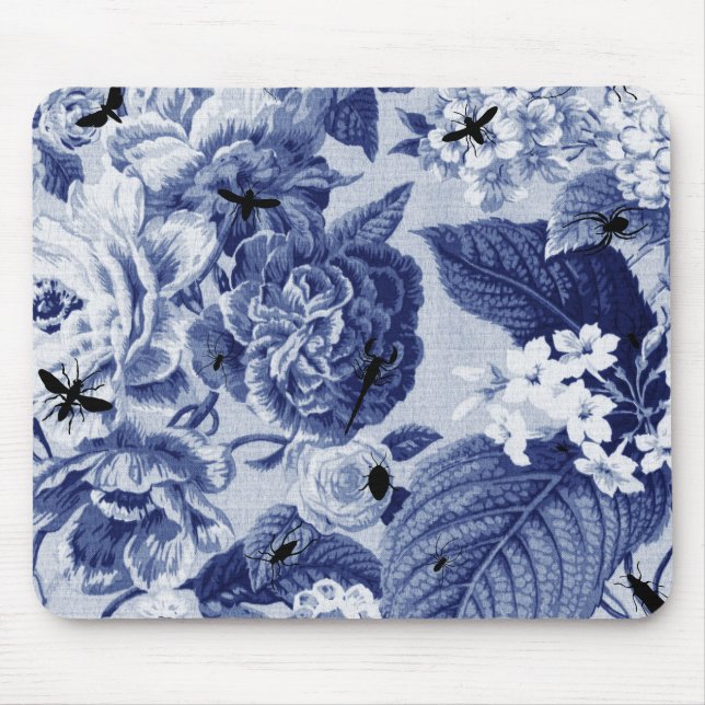 Indigo Blue Vintage Botanical Floral Toile & Bees Mouse Pad (Front)