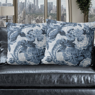 Indigo Blue Vintage Botanical Floral Toile No.5 Throw Pillow