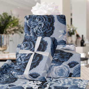 Indigo Blue Vintage Floral Toile Fabric No.1 Wrapping Paper