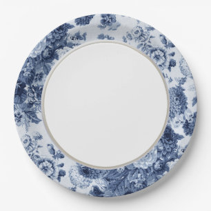 Indigo Blue Vintage Floral Toile Fabric No.3 Paper Plate