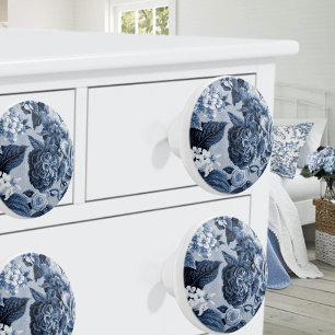 Indigo Blue Vintage Floral Toile No.1 Ceramic Knob
