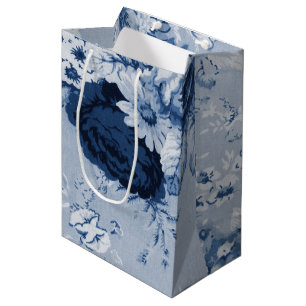 Indigo Blue Vintage Floral Toile No.4 Medium Gift Bag