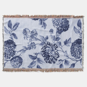 Indigo Blue Vintage Floral Toile Throw Blanket