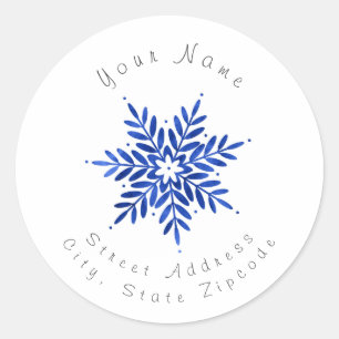 'Indigo Blue Watercolor Abstract Snowflake' Labels