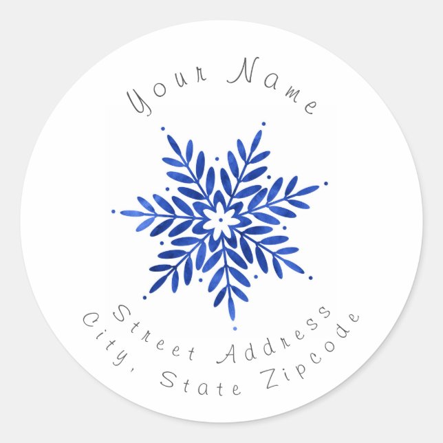 'Indigo Blue Watercolor Abstract Snowflake' Labels (Front)