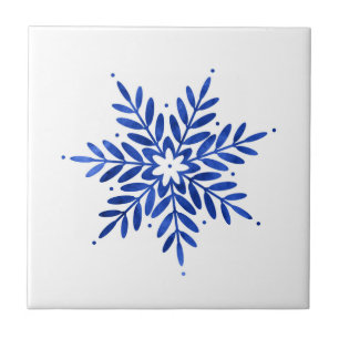 Indigo Blue Watercolor Abstract Snowflake  Tile