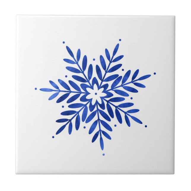 Indigo Blue Watercolor Abstract Snowflake  Tile (Front)