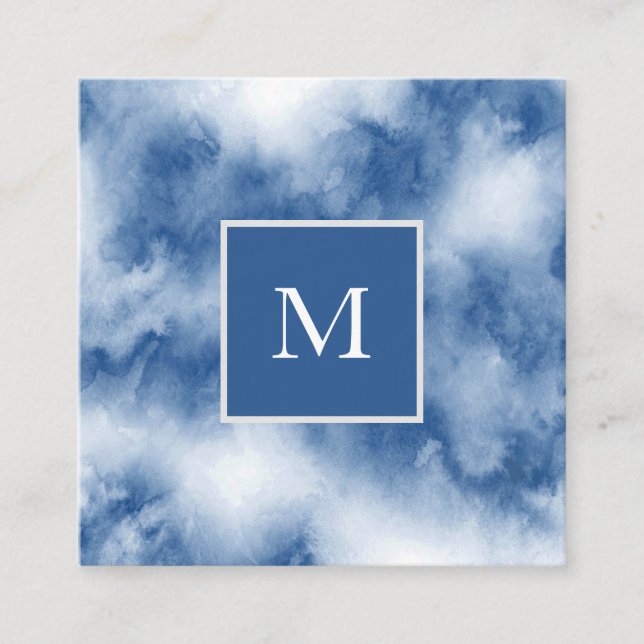 Indigo Blue Watercolor Abstract Square Business Card (Front)