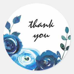 Indigo Blue Watercolor Floral thank you favour Classic Round Sticker