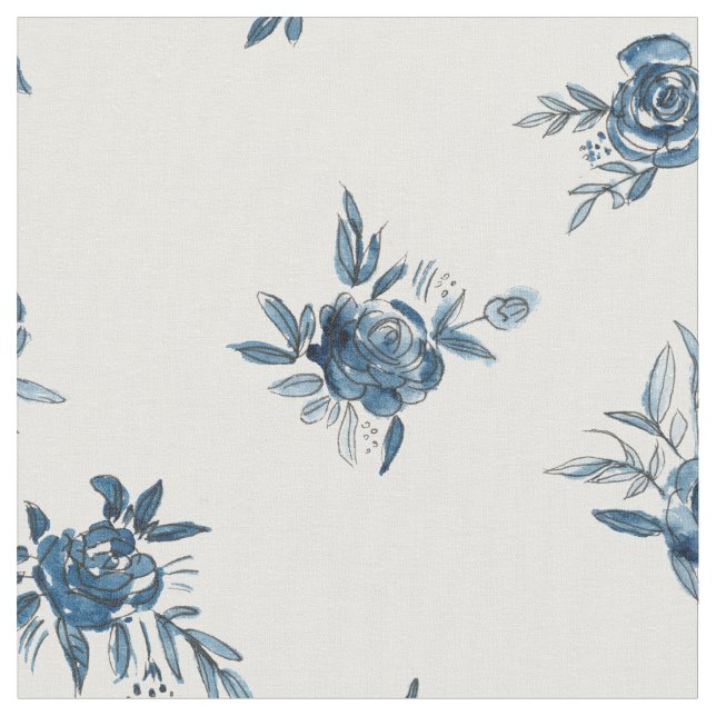 Indigo blue watercolor flower pattern fabric (Close Up)