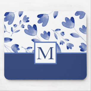 Indigo Blue Watercolor Flower Stems Mouse Pad