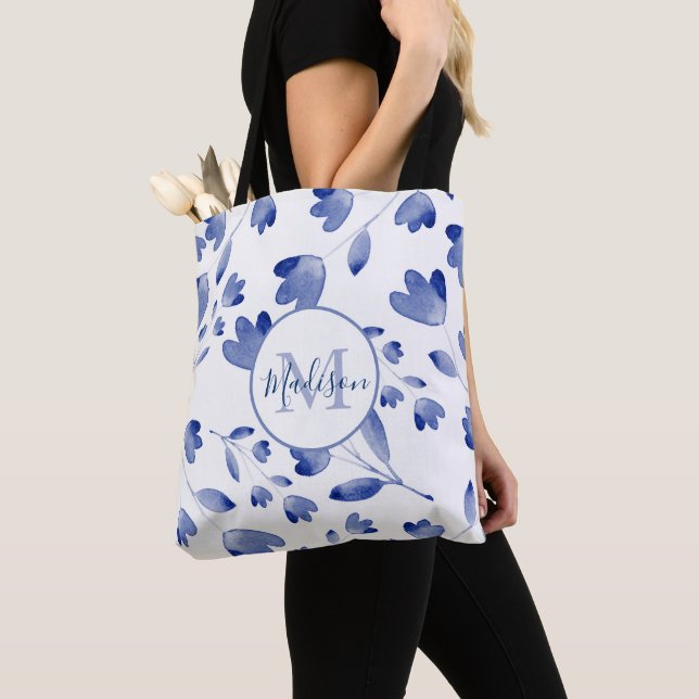 Indigo Blue Watercolor Flower Stems Pattern  Tote Bag (Close Up)