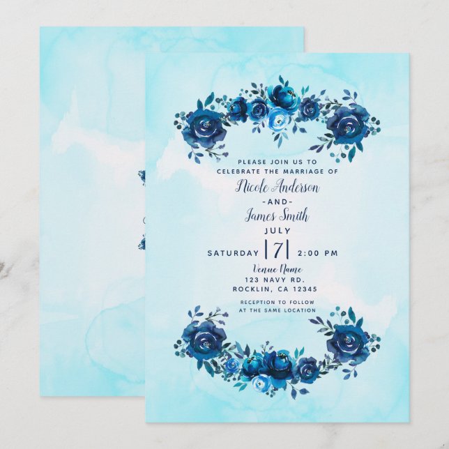 Indigo Blue Watercolor Flowers Floral Wedding Invitation (Front/Back)