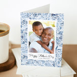 Indigo Blue Watercolor Photo Happy Father's Day Card<br><div class="desc">Stylish, modern father's day greeting card featuring your favourite family photo framed in white with a geometric indigo blue watercolor pattern background. Personalize the front of the card by adding a custom greeting with your names below. The inside of the greeting card features space for a custom message or leave...</div>