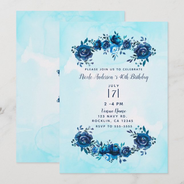 Indigo Blue Watercolor Rustic Floral Birthday Invitation (Front/Back)