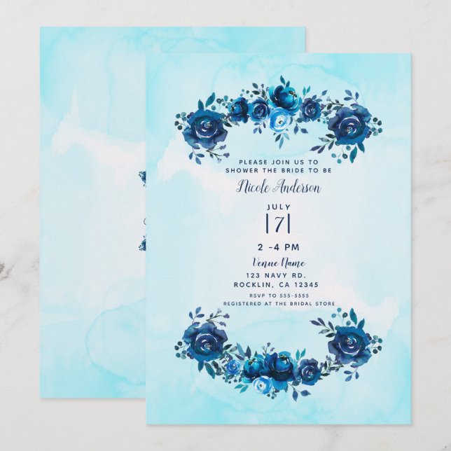 Indigo Blue Watercolor Rustic Floral Bridal Shower Invitation (Front/Back)