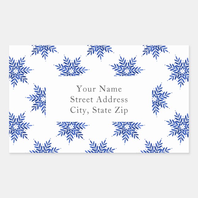 Indigo Blue Watercolor Snowflake Pattern Labels (Front)
