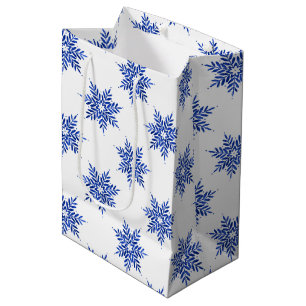 Indigo Blue Watercolor Snowflake Pattern  Medium Gift Bag
