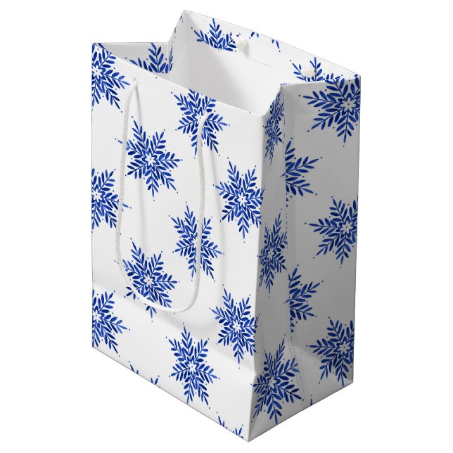 Indigo Blue Watercolor Snowflake Pattern  Medium Gift Bag (Front Angled)