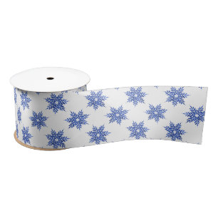 Indigo Blue Watercolor Snowflake Pattern Satin Ribbon